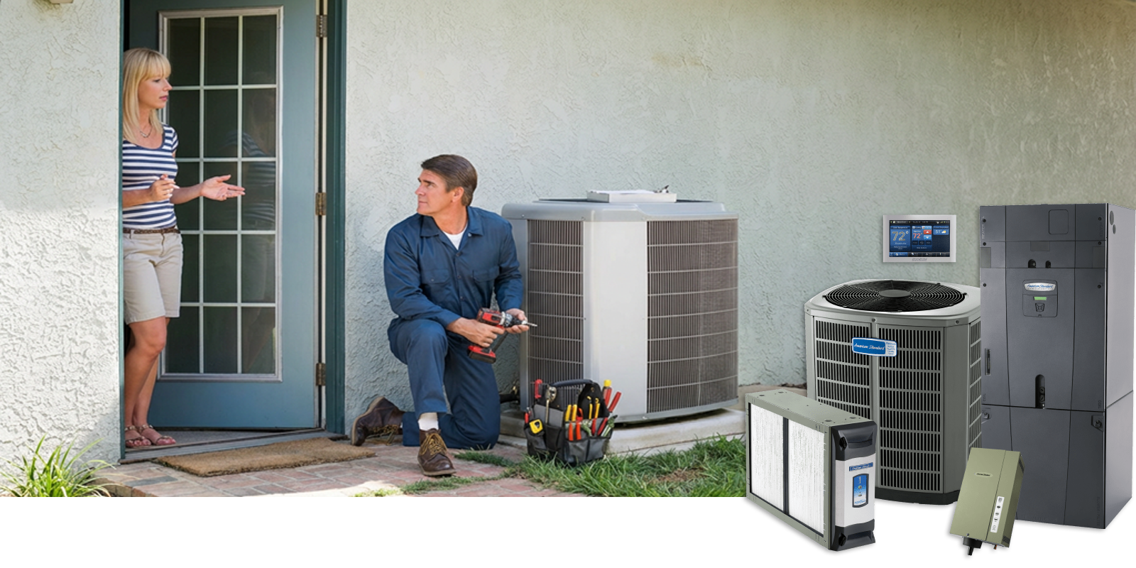 Service being performed by an HVAC technician with a female homeowner looking at their work outside with American Standard systems in front.